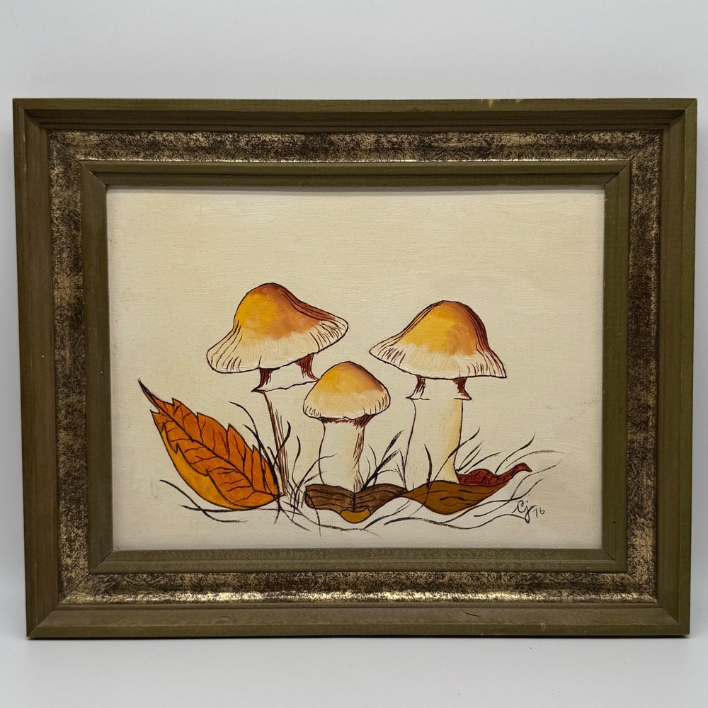 Vtg 1976 Carol Jacques Mushroom Painting Framed Retro 70s Art Signed CJ Fungi